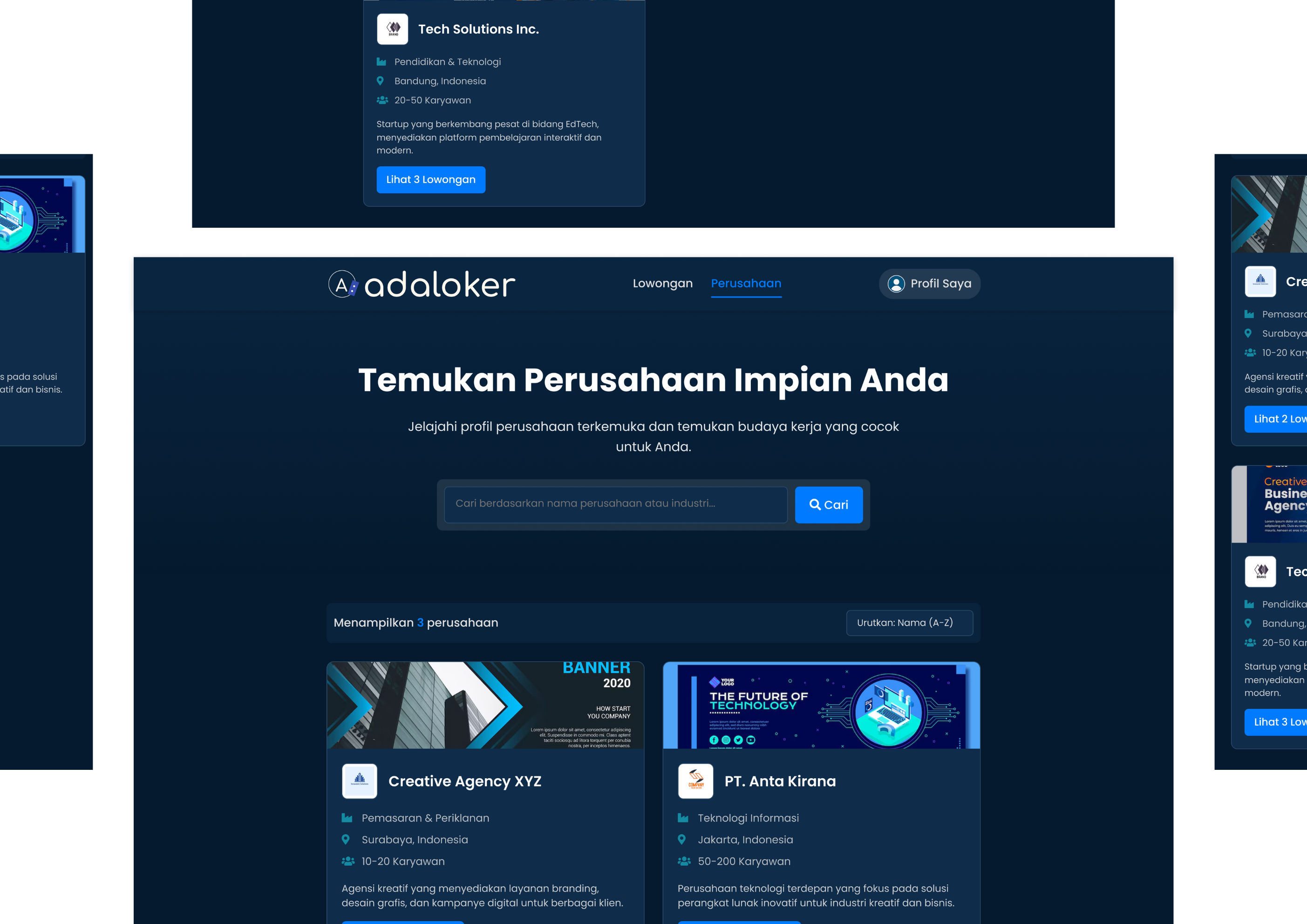 Mockup dashboard website pencarian kerja berwarna gelap