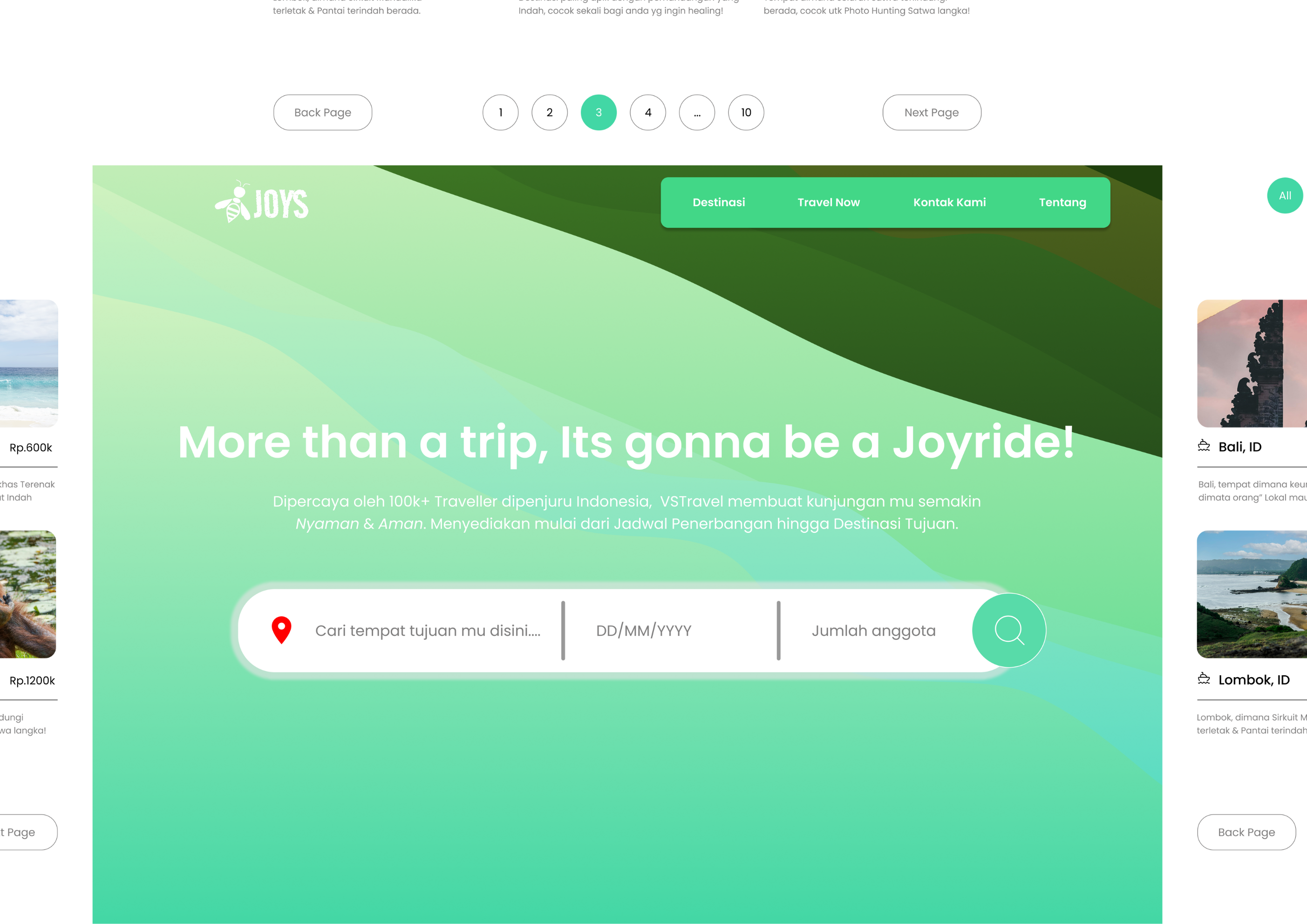 Mockup landing page untuk agen travel BeeJoys